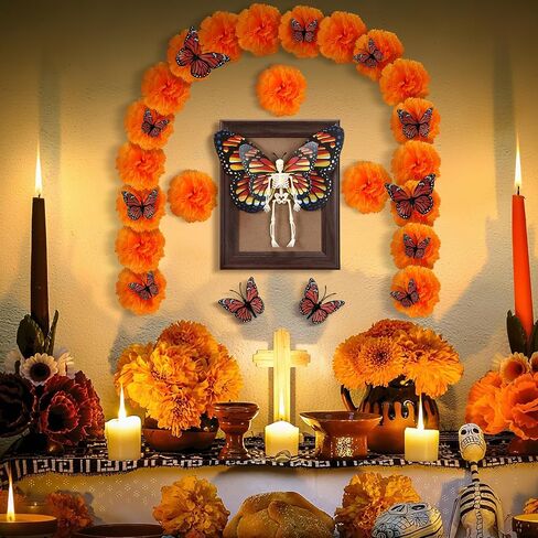 طقم ديكور مذبح يوم الموتى 55 قطعة من ديكورات الحائط Dia De Los Muertos Ofrendas 40 زهرة قطيفة، 13 فراشة العاهل، هيكل عظمي، إطار صور لوازم ذكرى مذبح الديوالي الهندي in Saudi Arabia