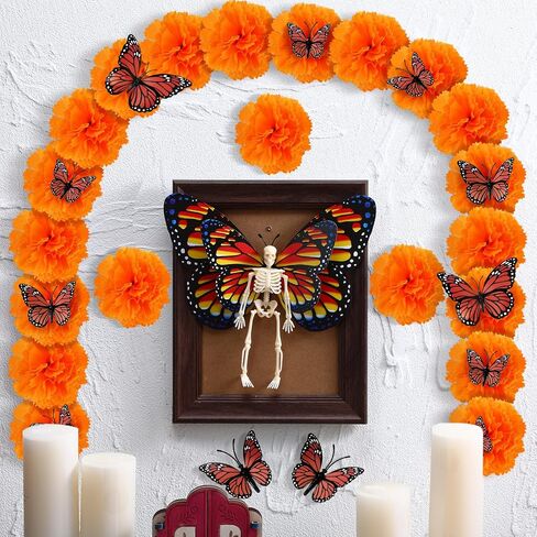 طقم ديكور مذبح يوم الموتى 55 قطعة من ديكورات الحائط Dia De Los Muertos Ofrendas 40 زهرة قطيفة، 13 فراشة العاهل، هيكل عظمي، إطار صور لوازم ذكرى مذبح الديوالي الهندي in Saudi Arabia