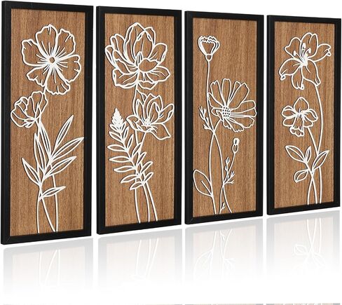 Wesiti 3D Wooden Floral Wall Art Set of 4 Lightweight Ready to Hang Framed Flower Wall Decor for Living Room Bedroom Office Boho Botanical Rustic Farmhouse Decorations Gift Boxed in Saudi Arabia