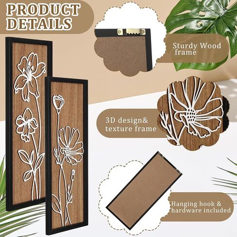 Wesiti 3D Wooden Floral Wall Art Set of 4 Lightweight Ready to Hang Framed Flower Wall Decor for Living Room Bedroom Office Boho Botanical Rustic Farmhouse Decorations Gift Boxed in Saudi Arabia
