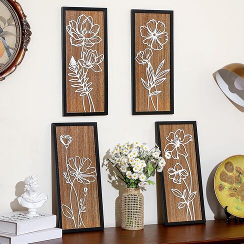 Wesiti 3D Wooden Floral Wall Art Set of 4 Lightweight Ready to Hang Framed Flower Wall Decor for Living Room Bedroom Office Boho Botanical Rustic Farmhouse Decorations Gift Boxed in Saudi Arabia