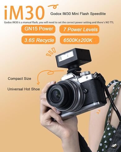 Godox IM30 Camera Flash, Mini Flash Speedlite, GN15 with 7 Levels Flash Power, CCT 6000K±200K with S1/S2 Optical Control for Fuji/Sony/Nikon/Canon/Olympus Camera in Saudi Arabia