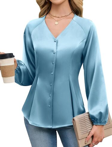 Blooming Jelly Womens Satin Silk Dressy Casual Business Blouse Button Down Long Sleeve Peplum Top Work Shirt Fall Outfit in Saudi Arabia