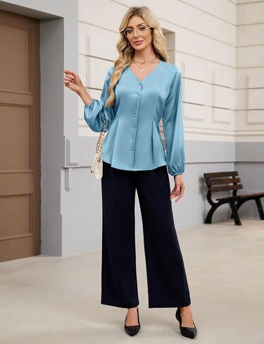 Blooming Jelly Womens Satin Silk Dressy Casual Business Blouse Button Down Long Sleeve Peplum Top Work Shirt Fall Outfit in Saudi Arabia