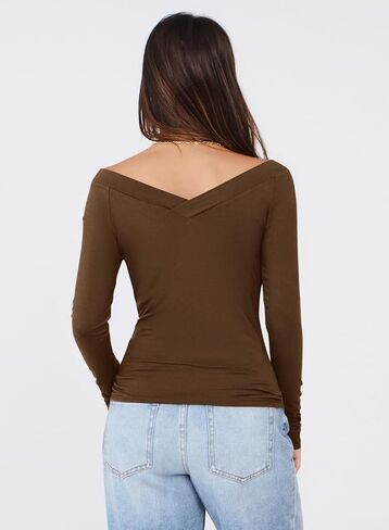 MIHOLL Womens Long Sleeve Shirts Sexy Off The Shoulder Going Out Tops Slim Fit Crop V Neck Blouses Fall Fashion 2025 in Saudi Arabia