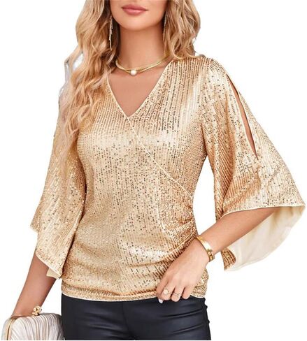 Sequin Tops for Women Elegant Sparkly Glitter Dressy Shirts Flared Sleeve V Neck Blouses Ruched Slim Party Club Shirt in Kuwait
