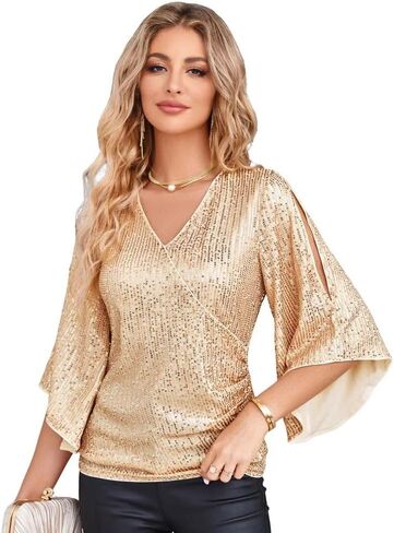 Sequin Tops for Women Elegant Sparkly Glitter Dressy Shirts Flared Sleeve V Neck Blouses Ruched Slim Party Club Shirt in Kuwait