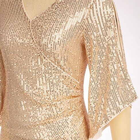 Sequin Tops for Women Elegant Sparkly Glitter Dressy Shirts Flared Sleeve V Neck Blouses Ruched Slim Party Club Shirt in Kuwait