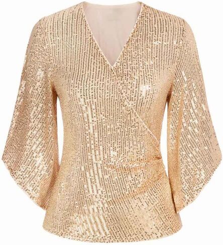 Sequin Tops for Women Elegant Sparkly Glitter Dressy Shirts Flared Sleeve V Neck Blouses Ruched Slim Party Club Shirt in Kuwait
