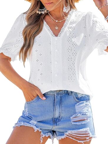 CUPSHE Women's Eyelet Tops Puff Short Sleeve Lace Hollow Out V Neck Button Dressy Shirts Summer Vacation Outfits in Saudi Arabia