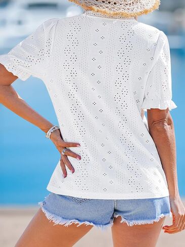 CUPSHE Women's Eyelet Tops Puff Short Sleeve Lace Hollow Out V Neck Button Dressy Shirts Summer Vacation Outfits in Saudi Arabia