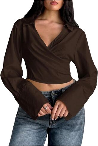 Floerns Women's Collared V Neck Wrap Crop Top Long Sleeve Ruched Casual Blouse in Saudi Arabia