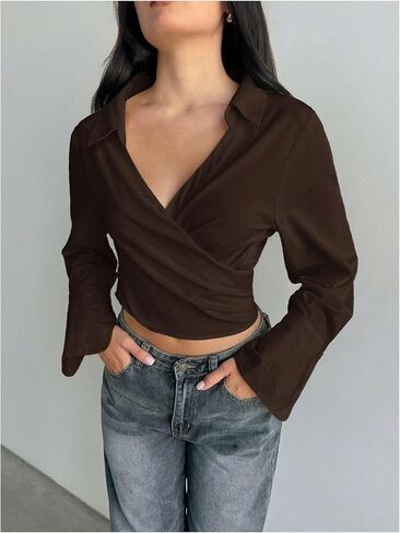 Floerns Women's Collared V Neck Wrap Crop Top Long Sleeve Ruched Casual Blouse in Saudi Arabia