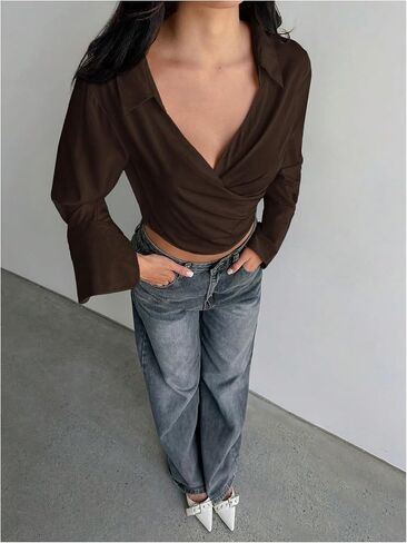 Floerns Women's Collared V Neck Wrap Crop Top Long Sleeve Ruched Casual Blouse in Saudi Arabia