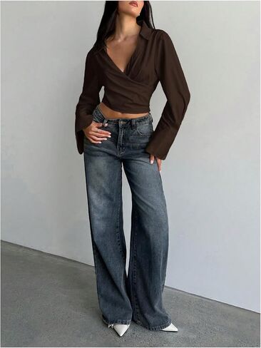 Floerns Women's Collared V Neck Wrap Crop Top Long Sleeve Ruched Casual Blouse in Saudi Arabia