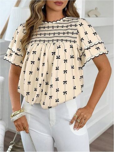 قميص نسائي برسومات فيونكة مقاس كبير وأكمام قصيرة مكشكشة، بلوزات كاجوال بياقة دائرية in Saudi Arabia