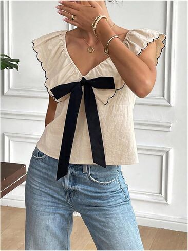 WDIRARA Women's Bow Knot Ruffle Cap Sleeve Top Sweetheart Neck Cute Blouse in Saudi Arabia
