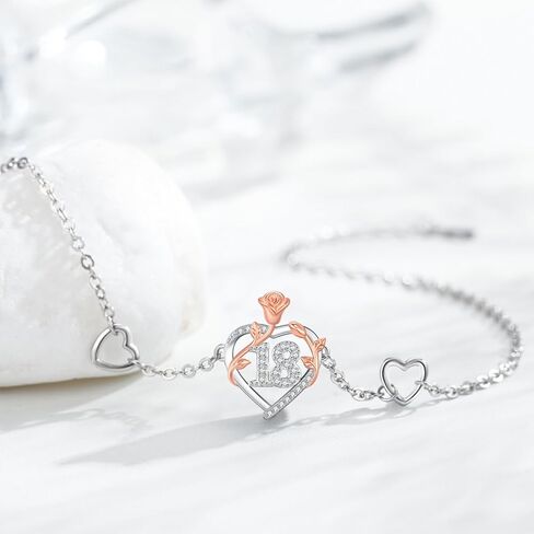15th/16th/18th/50th/60th/80th Birthday Gifts for Women Daughter Wife Mom 925 Sterling Silver 18 Year Old Birthday Gifts Heart Rose Flower Adjustable Bracelet Mothers Day Anniversary Christmas Jewelry in Saudi Arabia