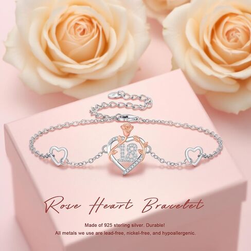 15th/16th/18th/50th/60th/80th Birthday Gifts for Women Daughter Wife Mom 925 Sterling Silver 18 Year Old Birthday Gifts Heart Rose Flower Adjustable Bracelet Mothers Day Anniversary Christmas Jewelry in Saudi Arabia