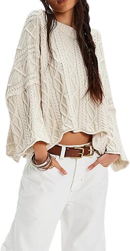 Zontroldy Women's Crewneck Lantern Sleeve Boxy Cable Knit Sweater Cropped Pullover Sweaters Jumper in Saudi Arabia