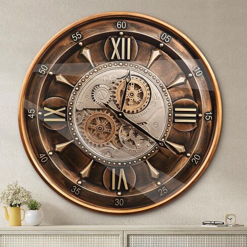 October Elf 24 Inch Wall Clock with Moving Gears Large Industrial Steampunk Metal Clock Antique Gold Oversized Farmhouse Decor Wall Clock for Living Room Home Office(Brown with Roman Numerals) in Saudi Arabia