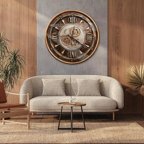 October Elf 24 Inch Wall Clock with Moving Gears Large Industrial Steampunk Metal Clock Antique Gold Oversized Farmhouse Decor Wall Clock for Living Room Home Office(Brown with Roman Numerals) in Saudi Arabia