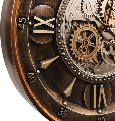 October Elf 24 Inch Wall Clock with Moving Gears Large Industrial Steampunk Metal Clock Antique Gold Oversized Farmhouse Decor Wall Clock for Living Room Home Office(Brown with Roman Numerals) in Saudi Arabia