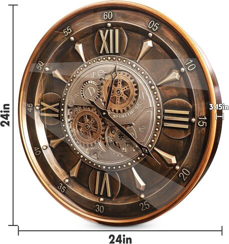 October Elf 24 Inch Wall Clock with Moving Gears Large Industrial Steampunk Metal Clock Antique Gold Oversized Farmhouse Decor Wall Clock for Living Room Home Office(Brown with Roman Numerals) in Saudi Arabia