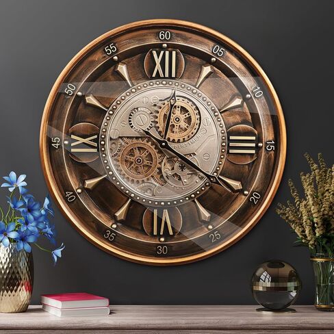 October Elf 24 Inch Wall Clock with Moving Gears Large Industrial Steampunk Metal Clock Antique Gold Oversized Farmhouse Decor Wall Clock for Living Room Home Office(Brown with Roman Numerals) in Saudi Arabia