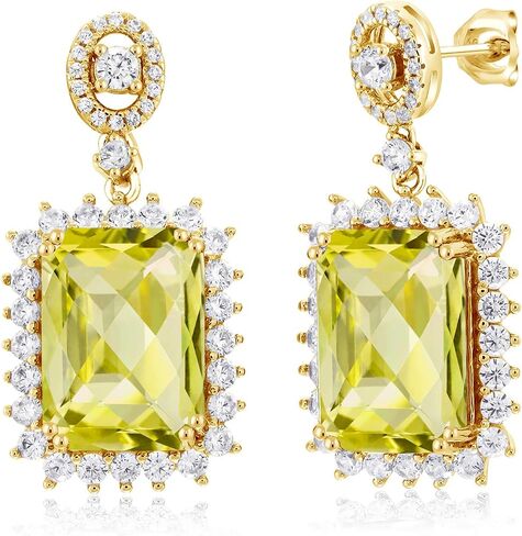 Gem Stone King 18K Yellow Gold Plated Silver Purple Amethyst Dangle Earrings For Women (13.10 Cttw, Gemstone February Birthstone, Emerald Cut 14X10MM) in Saudi Arabia