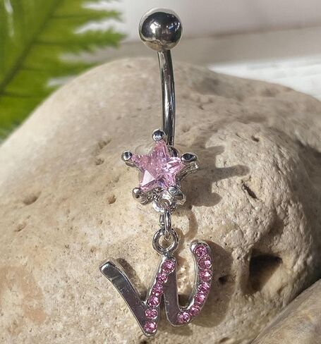 1 Piece Unique Initial Metro Style Pink CZ Gems Belly Ring - Navel Letter - Body Jewelry in Saudi Arabia