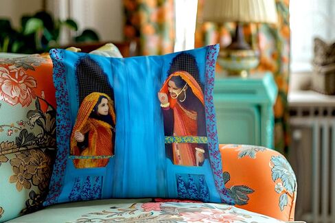 Namaste Woman Cushion Cover 18x18 | Rajasthani Traditional Decor | Colorful Desi Home Accent | Unique Housewarming Gift | Boho Indian Throw Pillow in Saudi Arabia