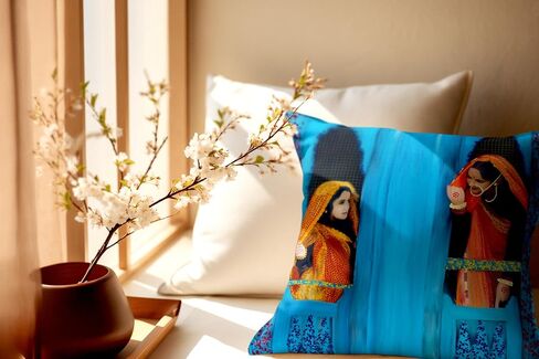 Namaste Woman Cushion Cover 18x18 | Rajasthani Traditional Decor | Colorful Desi Home Accent | Unique Housewarming Gift | Boho Indian Throw Pillow in Saudi Arabia