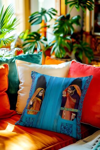Namaste Woman Cushion Cover 18x18 | Rajasthani Traditional Decor | Colorful Desi Home Accent | Unique Housewarming Gift | Boho Indian Throw Pillow in Saudi Arabia