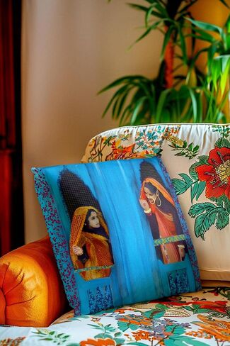 Namaste Woman Cushion Cover 18x18 | Rajasthani Traditional Decor | Colorful Desi Home Accent | Unique Housewarming Gift | Boho Indian Throw Pillow in Saudi Arabia