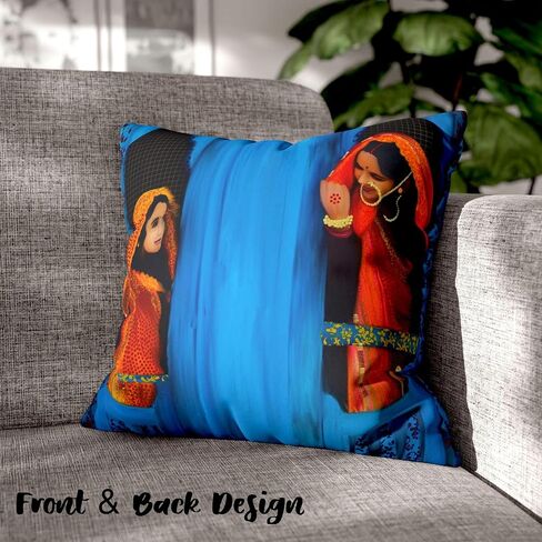Namaste Woman Cushion Cover 18x18 | Rajasthani Traditional Decor | Colorful Desi Home Accent | Unique Housewarming Gift | Boho Indian Throw Pillow in Saudi Arabia