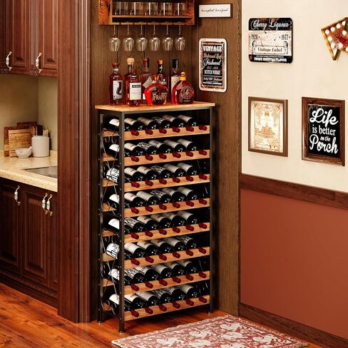 64 Bottles Wine Rack Freestanding Floor with Wooden Top, Wine Bottle Rack Wine Holder Wine Storage Shelf for Kitchen Bar Pantry, Tall Wine Cabinet Stand Display 31.85''L X 10.6''W X 47.95''H in Kuwait