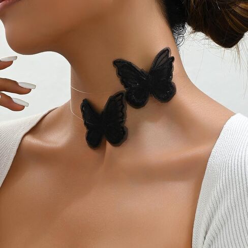 White Lace Butterfly Choker Necklace for Women,Striking Statement Insect Fabric Adjustable Necklace,Simple Gathering Anniversary Jewelry Gifts in Kuwait