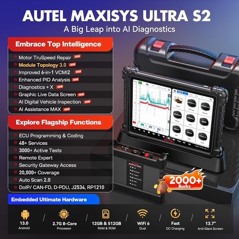 2025 Autel MaxiSYS Ultra S2 AI Scanner, Top Intelligent Up of MSUltra UltraEV MS919 S2, 6IN1 VCMI2 [Valued 3000$] Topology 3.0 PID Analysis Multi-Point DVI, Motor TruSpeed EV Test ECU Program 48 Reset in Saudi Arabia