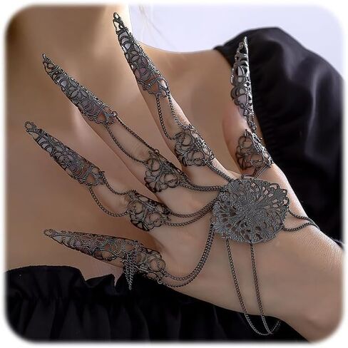 Gothic Bracelets Finger Nails Tip Claw Rings for Women,Women Gothic Halloween Black Punk Finger Rings Chain Bracelets with Ring Goth Hollow Pattern Finger Claws Halloween Cosplay Jewelry in Saudi Arabia