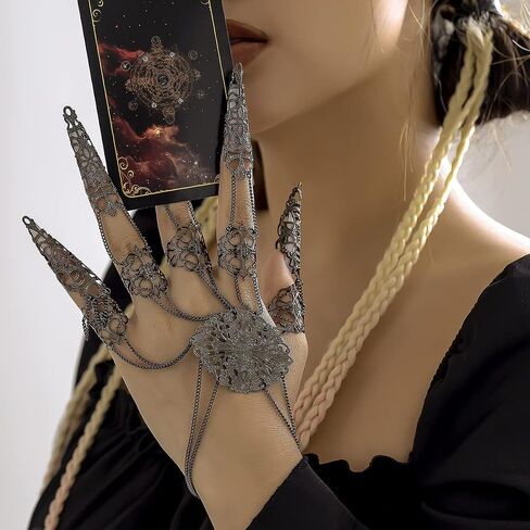 Gothic Bracelets Finger Nails Tip Claw Rings for Women,Women Gothic Halloween Black Punk Finger Rings Chain Bracelets with Ring Goth Hollow Pattern Finger Claws Halloween Cosplay Jewelry in Saudi Arabia
