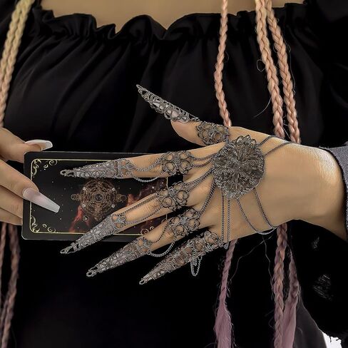 Gothic Bracelets Finger Nails Tip Claw Rings for Women,Women Gothic Halloween Black Punk Finger Rings Chain Bracelets with Ring Goth Hollow Pattern Finger Claws Halloween Cosplay Jewelry in Saudi Arabia