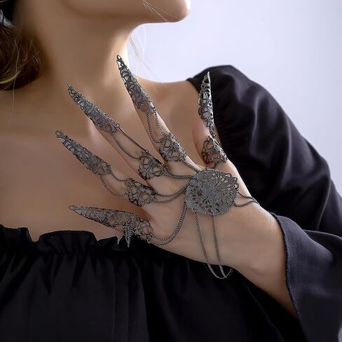Gothic Bracelets Finger Nails Tip Claw Rings for Women,Women Gothic Halloween Black Punk Finger Rings Chain Bracelets with Ring Goth Hollow Pattern Finger Claws Halloween Cosplay Jewelry in Saudi Arabia