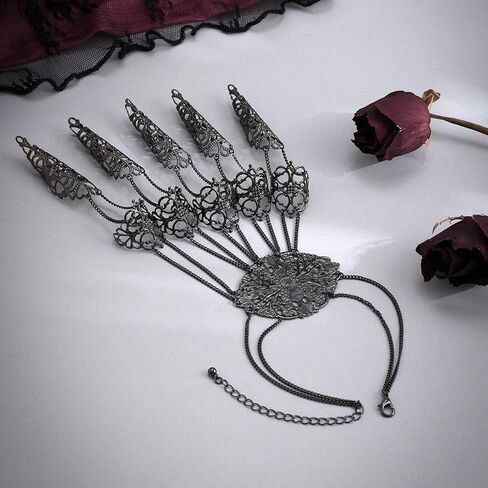 Gothic Bracelets Finger Nails Tip Claw Rings for Women,Women Gothic Halloween Black Punk Finger Rings Chain Bracelets with Ring Goth Hollow Pattern Finger Claws Halloween Cosplay Jewelry in Saudi Arabia