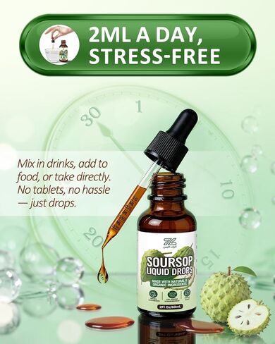 Soursop Liquid Drops 9 في 1 تركيبة صحية مع طحالب البحر والكركم والمورينجا وزيت الحبة السوداء | فيتامين C، B6، الزنك لدعم المناعة والطاقة | بدون إضافات، صديق للنباتيين in Saudi Arabia