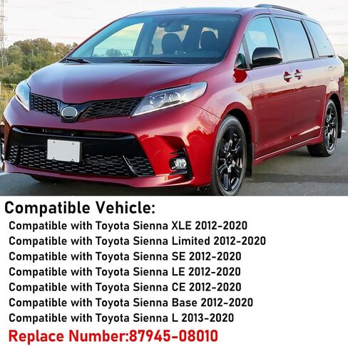 OWITAI متوافق مع 2012-2020 Toyota Sienna غطاء غطاء مرآة الجانب الأيسر للسائق، استبدال غطاء مرآة الرؤية الخلفية للباب الجانبي الأسود اللامع بدون ضوء إشارة الانعطاف لـ Sienna يستبدل 87945-08010 in Kuwait