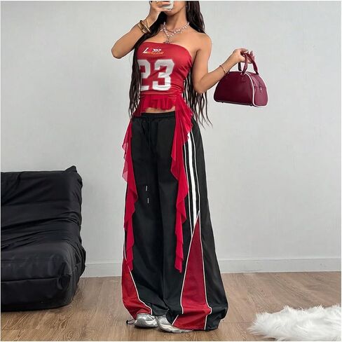 SweatyRocks Women's Y2K Baggy Parachute Pants Striped Streetwear Hip Hop Pants Long Trousers in Saudi Arabia
