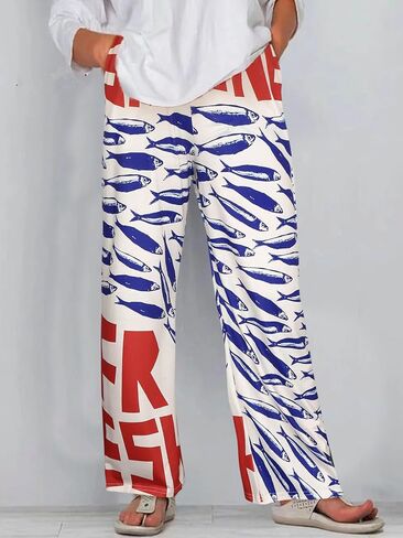 Women's Loose Wide-Leg Pants, Fashionable Fish Pattern Casual and Comfortable Pants, Suitable for Outdoor and Daily Wear in Saudi Arabia