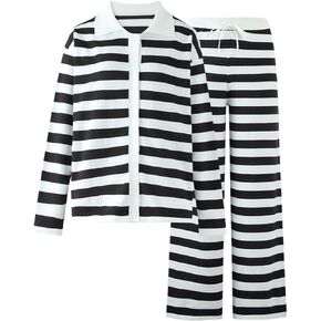 DERAX Women's 2 Piece Striped Sweatsuits Sets Long Sleeve Polo Sweater And Sweatpants Tracksuit Lounge Set Travel Outfits in Kuwait