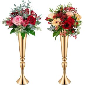 JIEYAO 2 قطعة مزهريات ذهبية طويلة 22 بوصة للقطع المركزية، مزهرية معدنية على شكل زهرة البوق لتزيين الطاولة لترتيب حفلات الزفاف in Saudi Arabia